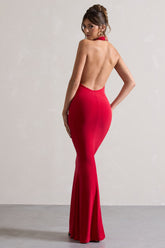 Red Backless Cowl Neck Fishtail Maxi Dress